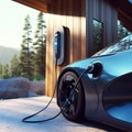 Electric car plugged to charging station outside home with power cable, generative AI