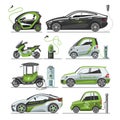 Electric vector car with solar panels eco electro transport illustration automobile socket electrical car battery