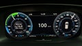 Electric car speedometer reaching speed extremely fast driving. Acceleration electric vehicle dashboard closeup