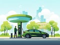 The electric car stands at the charging station on the street against the background of green trees in the city. Generated by AI Royalty Free Stock Photo