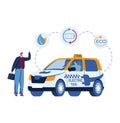 Electric car taxi, city transportation service vector illustration. Man character look for vehicle transport, urban Royalty Free Stock Photo