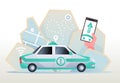 Electric car taxi. Phone with location mark and smart car with modern city skyline map. Vector illustration of online