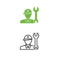 Electric car technician support icon. Technician man and wrench