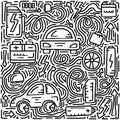 Electric car theme. Doodle illustration for poster, card and board. Hand drawn icons on white background. Vector design Royalty Free Stock Photo