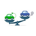 Electric car versus gasoline and diesel car on scales flat color illustration. Comparison between electric environmentally