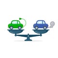 Electric car versus gasoline and diesel car on scales flat illustration. Comparison between electric environmentally friendly and