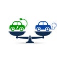 Electric car versus gasoline and diesel car on scales icon. Comparison between electric environmentally friendly and gas polluting