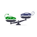 Electric car versus gasoline and diesel car on scales icon Vector. Comparison between electric environmentally friendly and gas