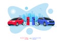 Electric Car Versus Gasoline Car Fuel Fight Comparison with Blue City Skyline