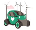 Electric Car and Wind Energy and Power Generator as Ecology and Planet Care Vector Illustration Royalty Free Stock Photo