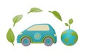 Electric car with world globe and green leaf ,smart energy saving ,3d rendering