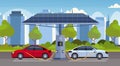 Electric cars charging on electrical charge station with solar panels renewable eco friendly transport environment care Royalty Free Stock Photo