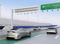 Electric cars driving on the wireless charging lane of the highway