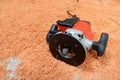 Electric circular routering saw on the sawdust floor Royalty Free Stock Photo