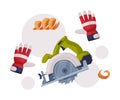 Electric Circular Saw with Toothed Blade and Gloves as Wood Chopping Implement Vector Composition