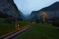 Electric cogwheel tourist train in the Lauterbrunnen valley, Switzerland.