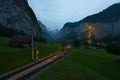 Electric cogwheel tourist train in the Lauterbrunnen valley, Switzerland.