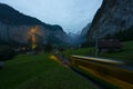 Electric cogwheel tourist train in the Lauterbrunnen valley, Switzerland.