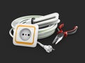 Electric components, Electrical cable, Socket and pliers. 3d illustration isolated black Royalty Free Stock Photo