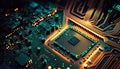 Electric computer circuit board. interior Data microchip motherboard. RAM processor, CPU. Technology, connection, innovation.