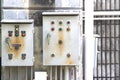 Electric control box and wall concrete and old and electrical po Royalty Free Stock Photo