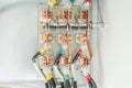 Electric control panel enclosure closeup. Electrical voltage