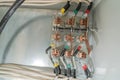 Electric control panel enclosure closeup. Electrical voltage