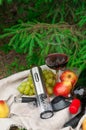 An electric corkscrew lies on a gray linen plaid. Nearby there is a vacuum cork, aerator for wine, grapes, fruits, wine bottles Royalty Free Stock Photo