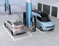 Electric delivery minivan and silver sedan charging at charging station