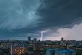 Electric drama Thunderstorm with lightning bolt strike over the city Royalty Free Stock Photo