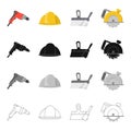 Electric drill, construction helmet, spatula for repair, manual circular. Construction and repair set collection icons Royalty Free Stock Photo