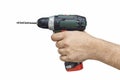 Electric drill in a man`s hand on a white background Royalty Free Stock Photo