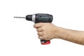 Electric drill in a man`s hand on a white background Royalty Free Stock Photo