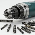 An electric drill with a metallic chuck is displayed alongside various drill bits of Royalty Free Stock Photo