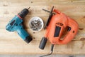 Electric drill, screws, electric jig saw