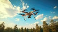 Electric drone flies in the sky