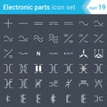 Electric and electronic icons, electric diagram symbols. Current, three-phase connections and electrical transformers.