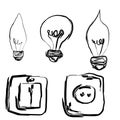 electric euro socket, switch and light bulbs isolated vector sketches