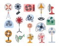 Electric fans. Air circulation climate equipment, cooling fan types for hot weather cartoon vector set Royalty Free Stock Photo