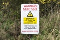 Electric fence and guard dog dangerous building construction site keep out health and safety signs Royalty Free Stock Photo