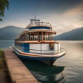 An electric ferry transporting passengers on a pristine lake1