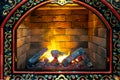 Electric fireplace for the interior, decorated with ceramic tiles. Imitation of fire