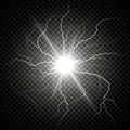 Electric flash of lightning on a dark transparent background. Vector