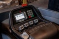 Electric forklift buttons and control panel close up view. Detail image of driving control of warehouse inventory