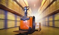 Electric Forklift Pallet Jack with Package Boxes on Pallet. Forklift Loader. Storage Warehouse. Supply Chain Royalty Free Stock Photo