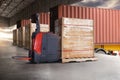 Electric Forklift Pallet Jack with Packaging Boxes Stacked on Pallet. Cargo Shipment. Delivery, Loading Container Trucks. Logistic