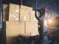 Electric forklift pallet jack with stack shipment boxes on pallet.  Cargo export & shipping warehousing. Royalty Free Stock Photo