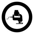 Electric fretsaw Tool Hand jig saw in use Arm icon in circle round black color vector illustration solid outline style image Royalty Free Stock Photo