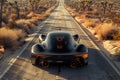 Electric futuristic sports car on desert road at sunrise. High-end design