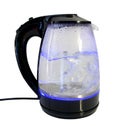 Electric glass kettle with boiling water isolated on white background. Side view